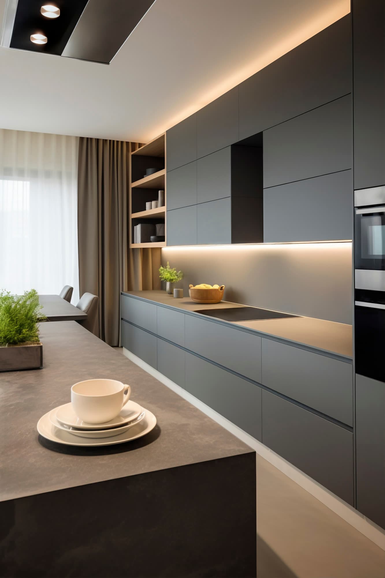 Matte grey cabinetry with open shelving