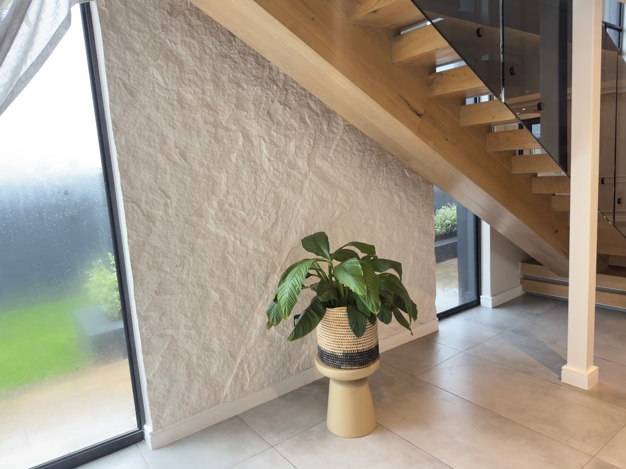 Textured stone-look accent wall