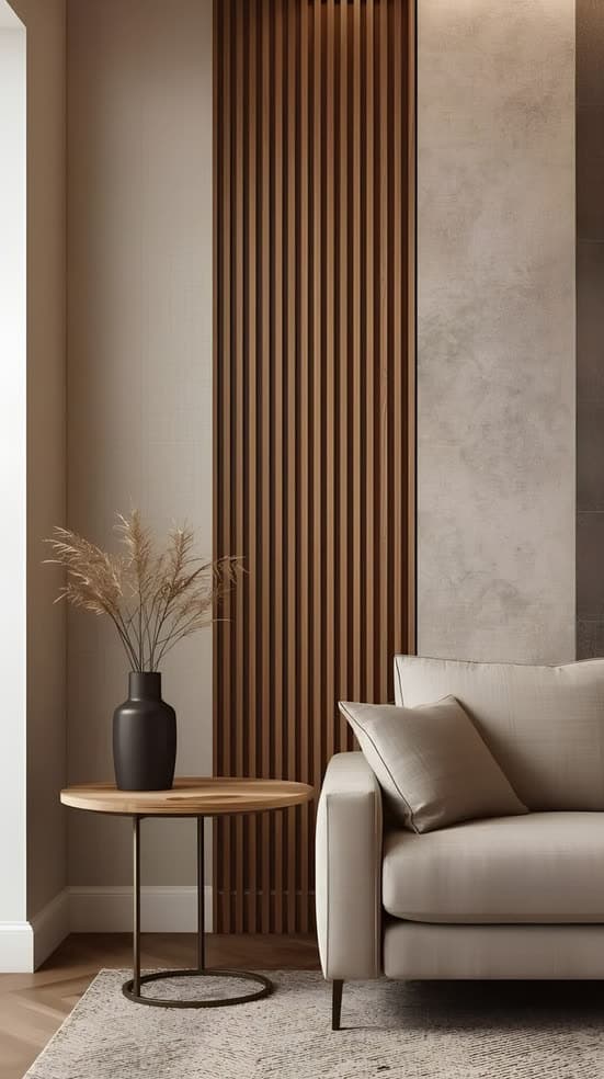 Wood slat panel, mixed-texture wall