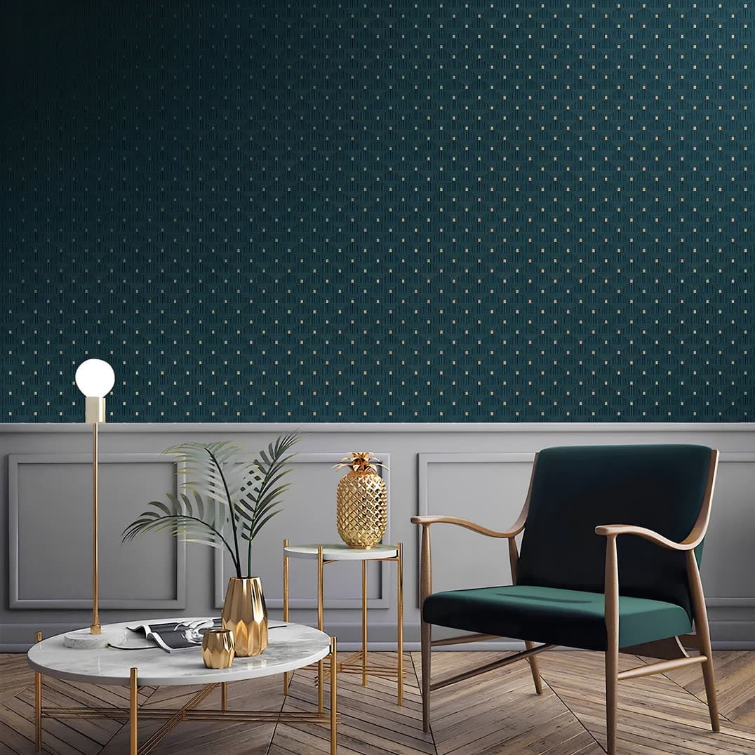 Geometric dot-print wallpaper, teal & gold