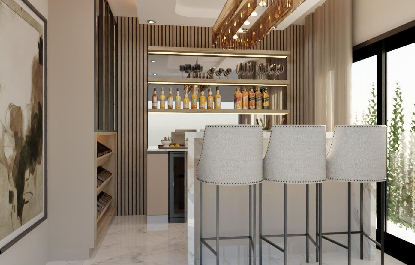 Home bar cabinetry with backlit shelving