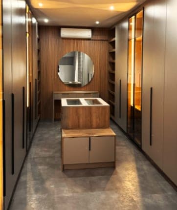 Walk-in closet, walnut vanity and round mirror