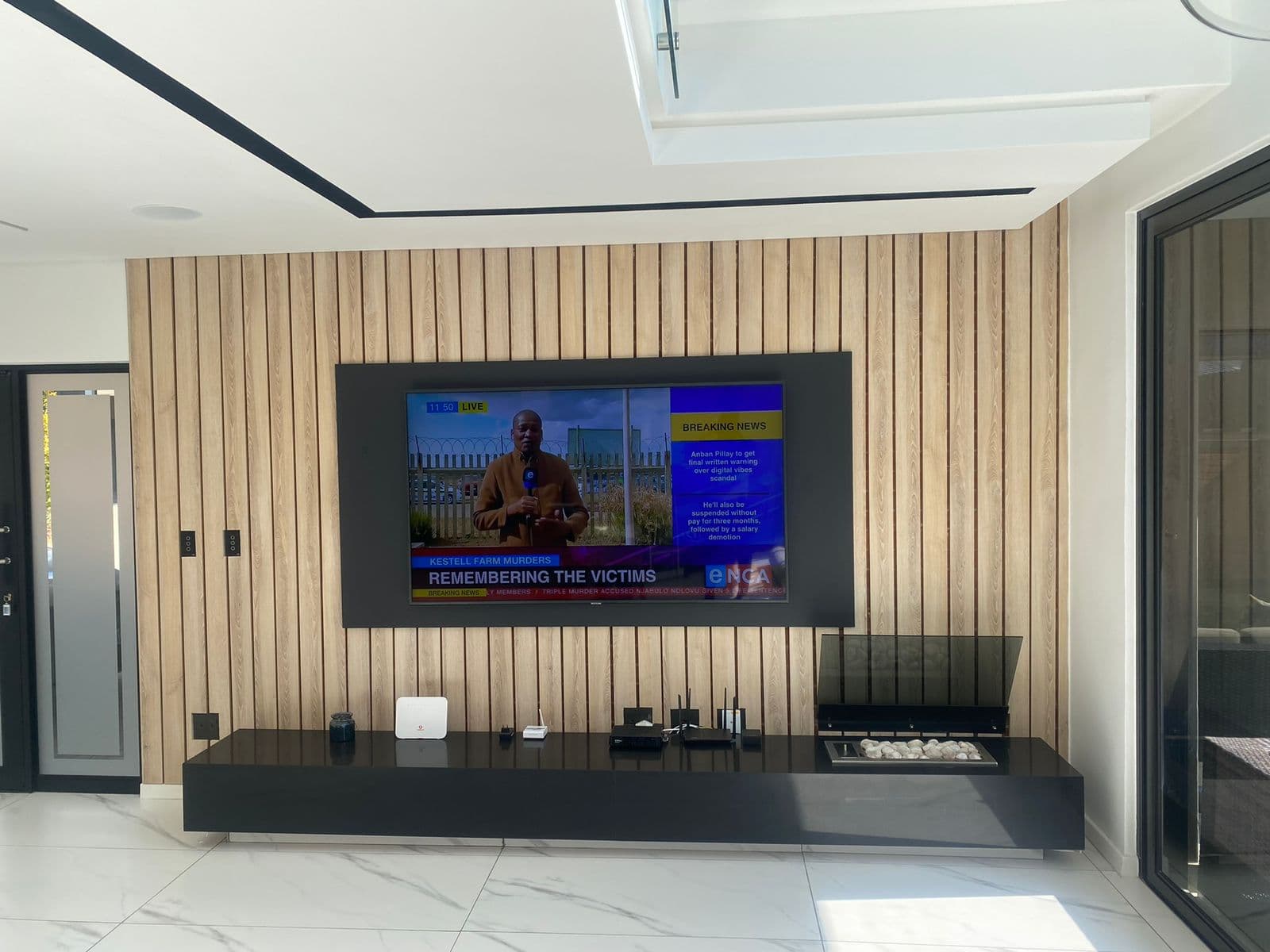 TV media wall, wood slat panelling