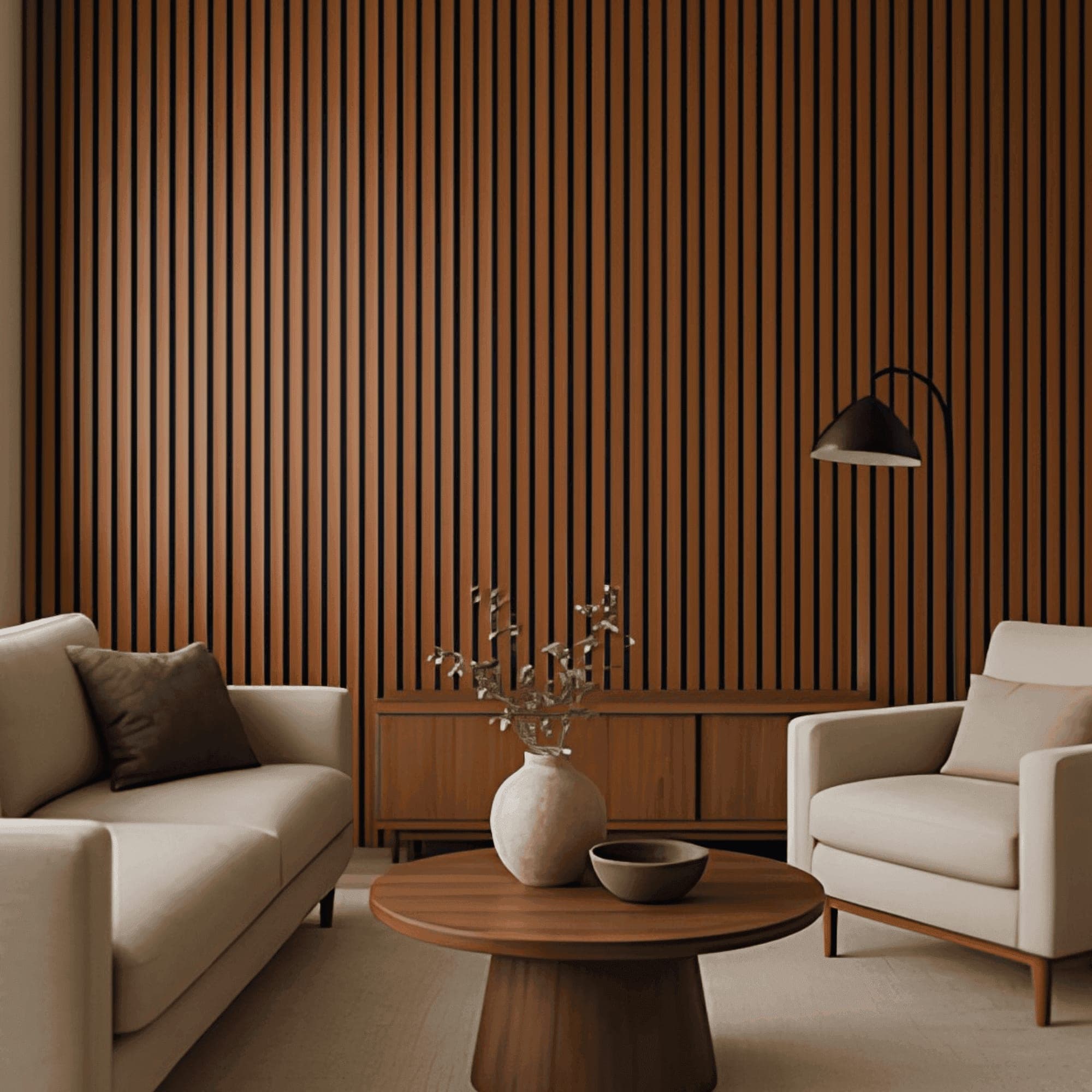 Fluted panel wall, backlit warm glow