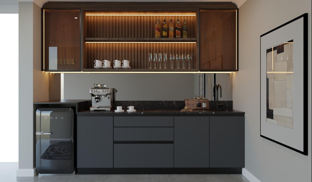 Wet bar cabinetry, backlit fluted display