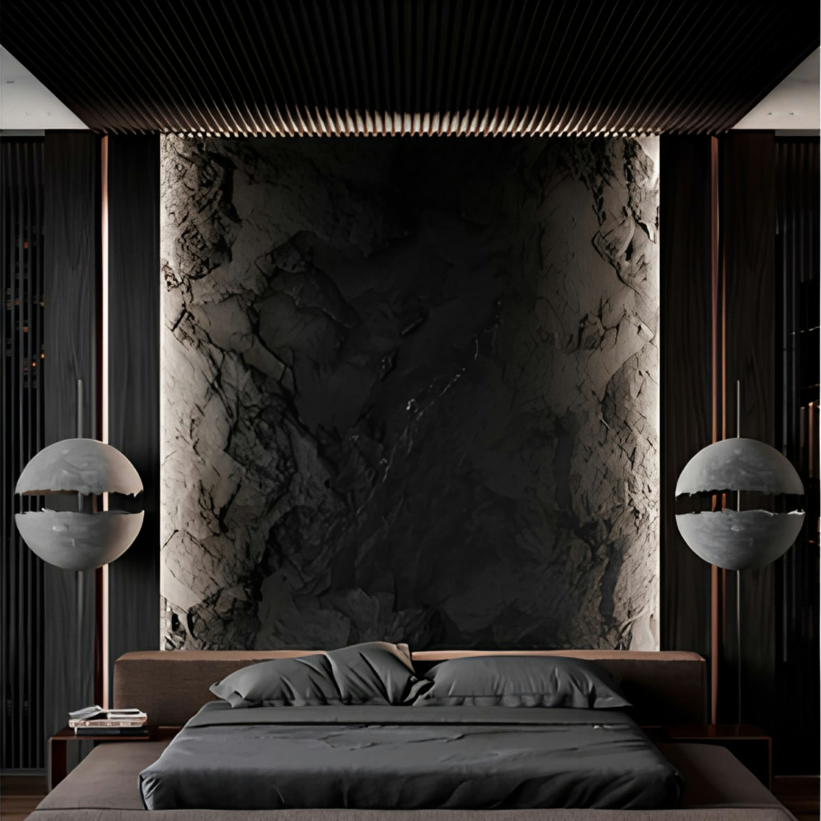 PU stone accent wall, dark bedroom