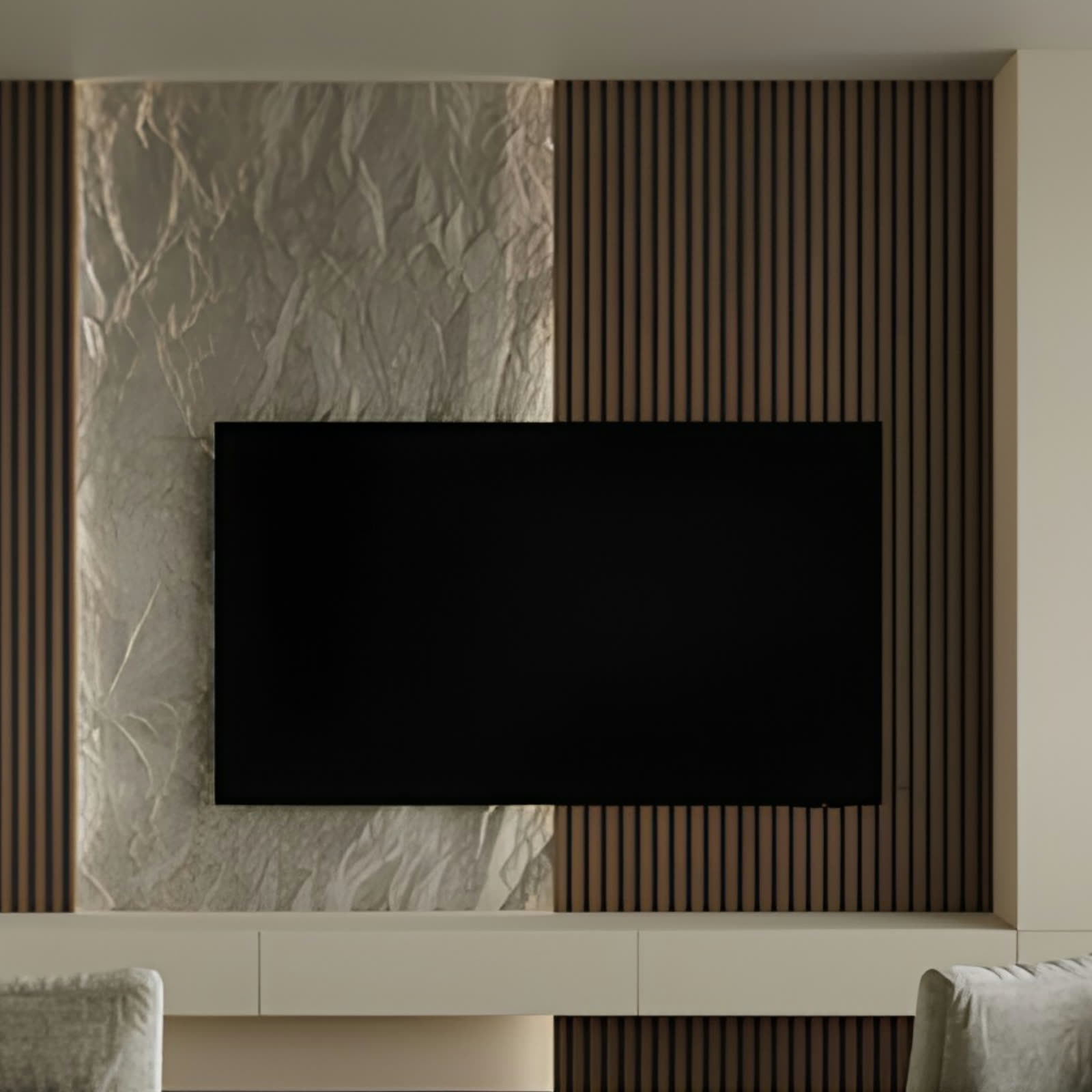 PU stone TV wall, mixed wood and stone