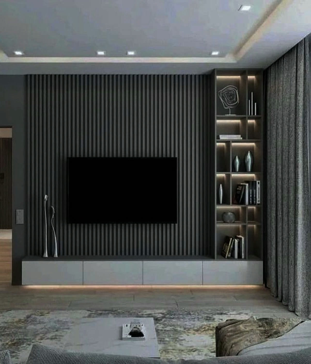 Finish reference — grey slat, TV feature wall