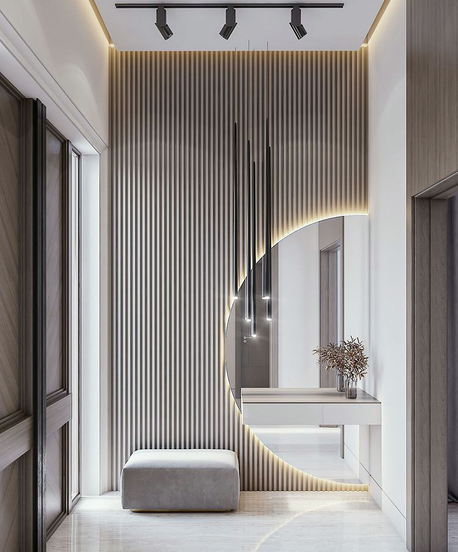 Finish reference — grey slat, hallway