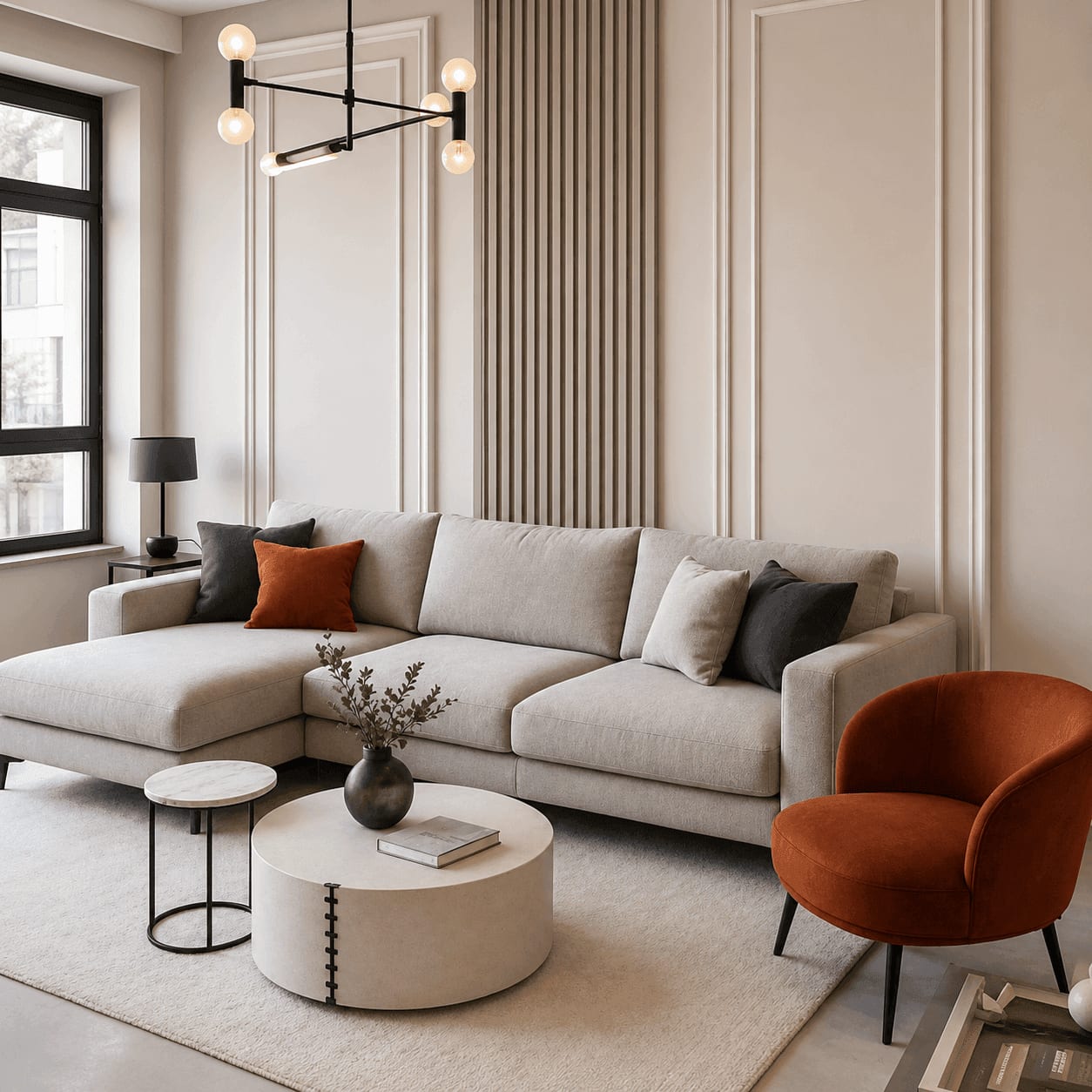 Fluted panel accent, living room lounge